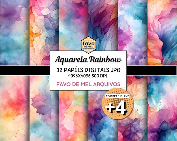 Papel Digital Fundo Aquarela Rainbow (pague 1 Leve +4)