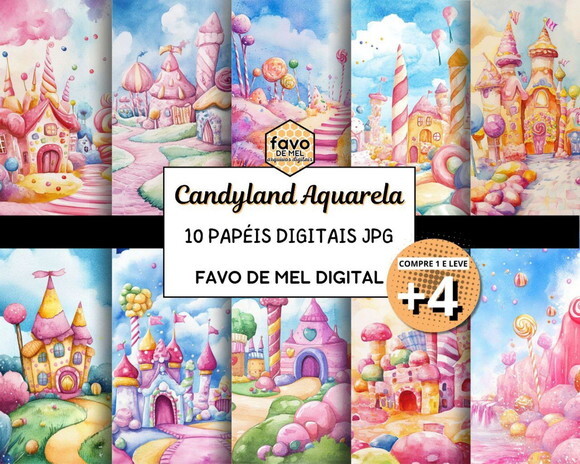 Papel Digital Fundo Candyland Mundo Doce Aquarela