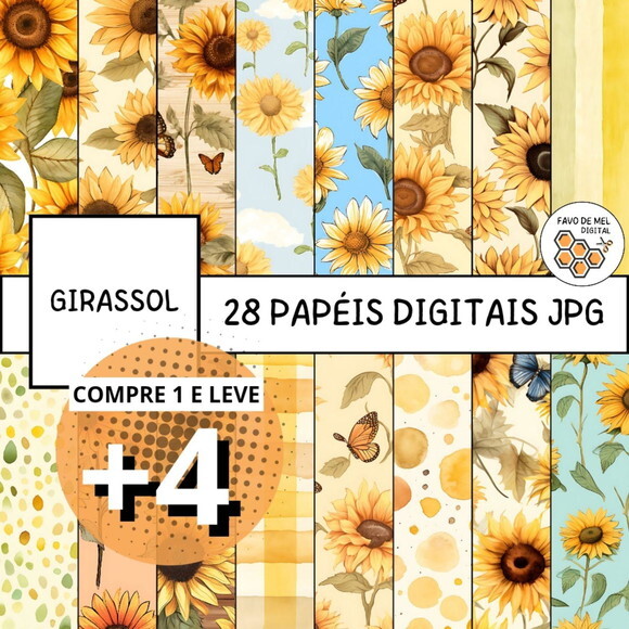 Papel Digital Girassol Aquarela Jpg (pague 1 Leve +4)