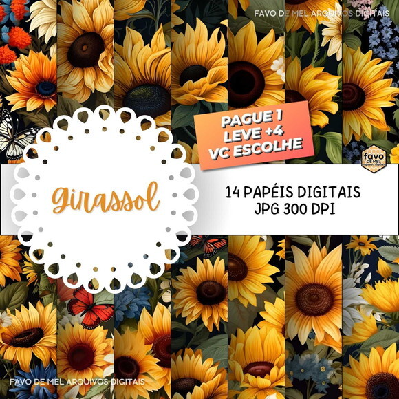 Papel Digital Girassol Estampa Vibrante Jpg (pague 1 Leve 5)