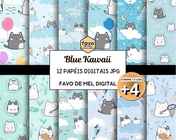 Papel Digital Jpg Gatinhos Kawaii Azul (pague 1 Leve 5)