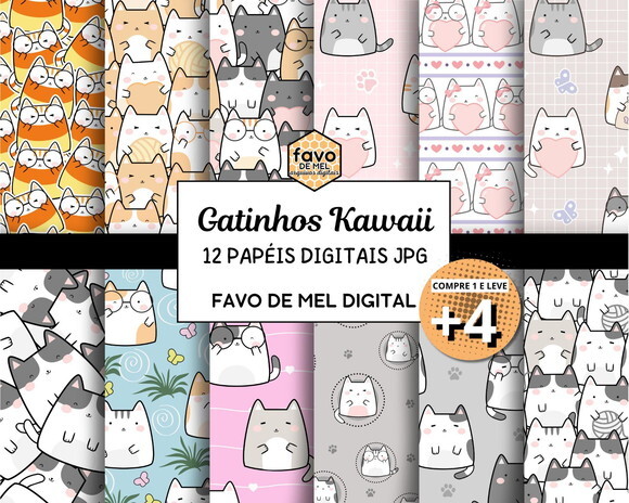 Papel Digital Jpg Gatinhos Kawaii Fundo Estampa