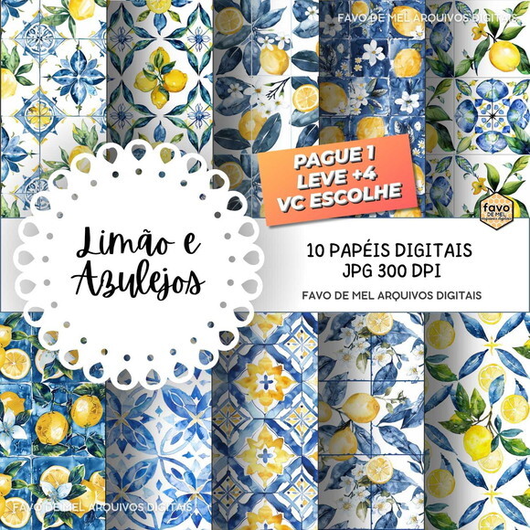 Papel Digital Limão e Azulejos #02 Png (pague 1 Leve +4)