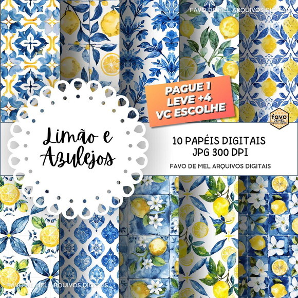 Papel Digital Limão e Azulejos #03 Png (pague 1 Leve +4)