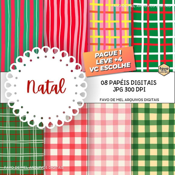 Papel Digital Natal Xadrez e Listras Jpg (pague 1 Leve 5)