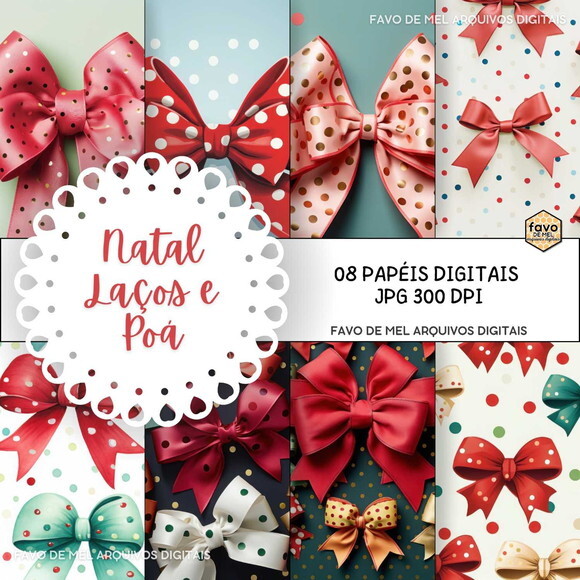 Papel Digital Natal Laços Poá Jpg (pague 1 Leve 5)
