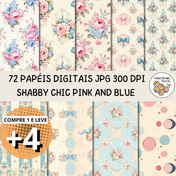 Papel Digital Shabby Chic Rosa e Azul Floral - Rococo