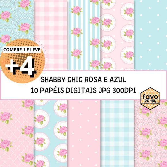Papel Digital Shabby Chic Rosa e Azul Floral (qd)
