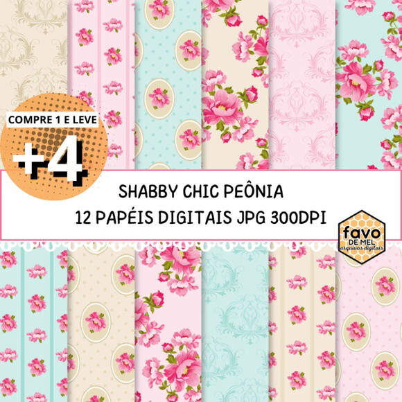 Papel Digital Shabby Chic Rosa Floral Peônia (qd)