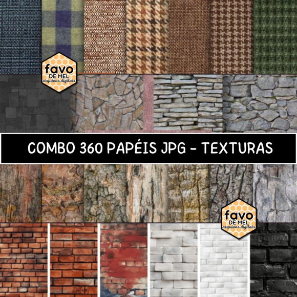 Papel Digital Textura - Madeira Couro Tijolo Tecido - Combo