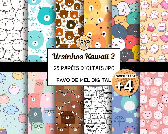 Papel Digital Ursinhos Kawaii 2 Fundo Jpg Estampa de Ursinho