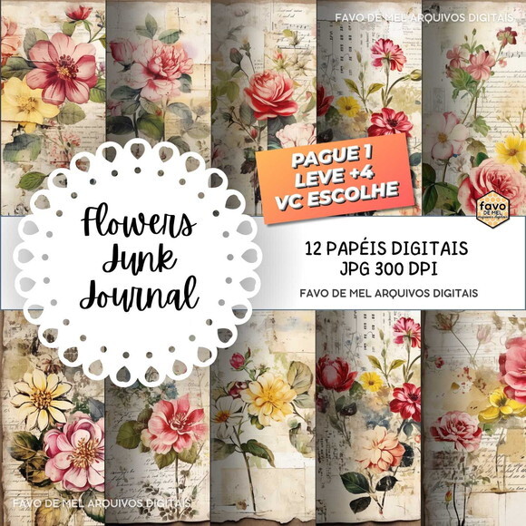 Papel Digital Vintage #125 Floral Junk Journal para Imprimir