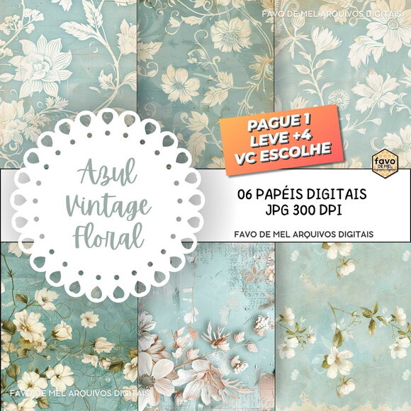 Papel Digital Vintage #126 Floral Azul Antigo Jpg
