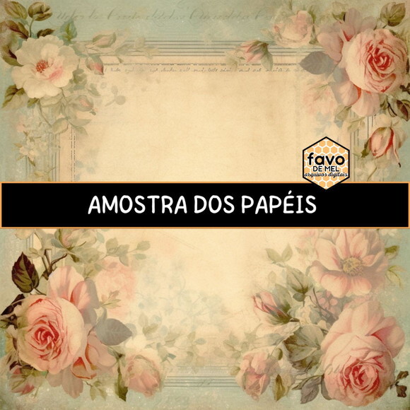 Papel Digital Vintage 101 - Rosas e Moldura Azul