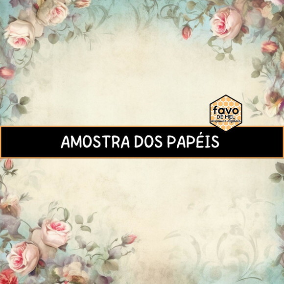 Papel Digital Vintage 101 - Rosas e Moldura Azul