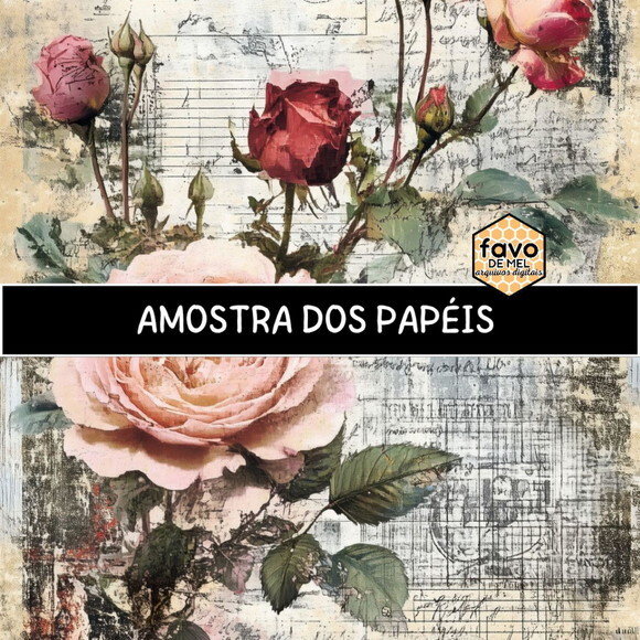 Papel Digital Vintage 109 - Rosas Junk Journal Scrapbook