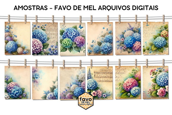 Papel Digital Vintage 116 Hortênsias Aquarela Png