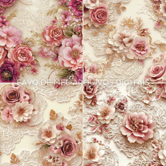 Papel Digital Vintage 122 - Rosas Ouro e Rendas Jpg