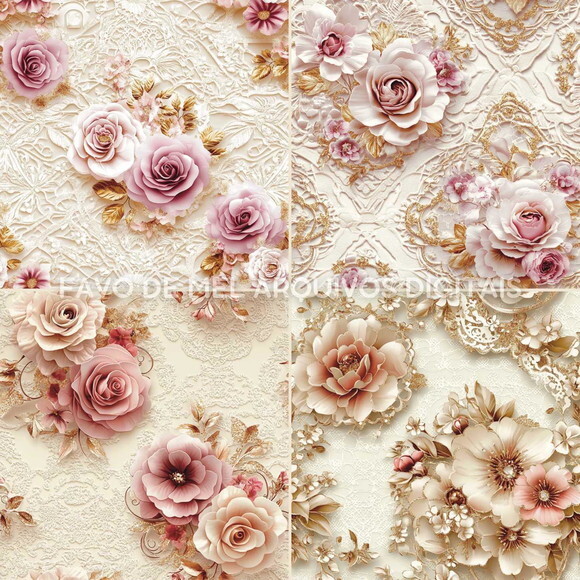 Papel Digital Vintage 122 - Rosas Ouro e Rendas Jpg