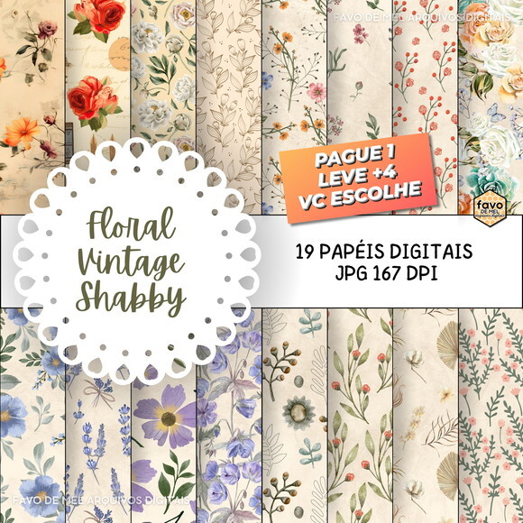 Papel Digital Vintage 127 Floral Shabby Fundo Bege Jpg