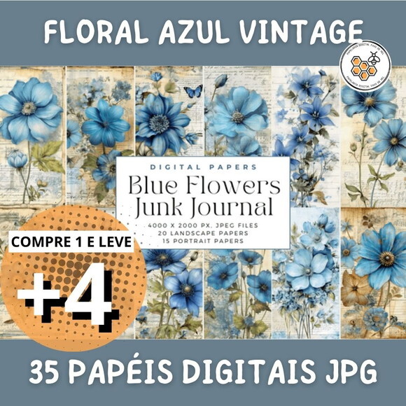 Papel Digital Vintage 31 - Floral Azul Junk Journal