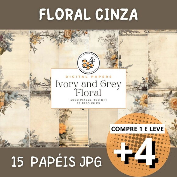 Papel Digital Vintage 42 - Floral Cinza - Ivory And Grey