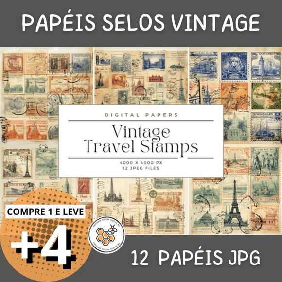 Papel Digital Vintage 44 Estampa de Selos - Vintage Stamps