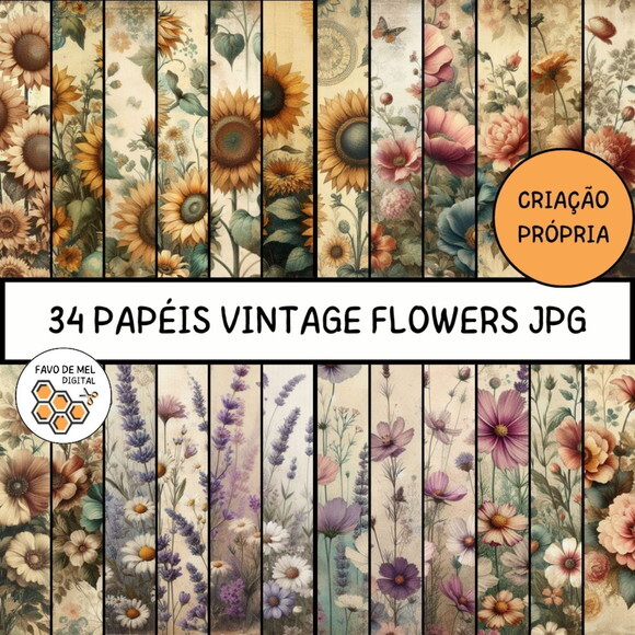 Papel Digital Vintage 71 - Flores do Campo Lavanda Girassol
