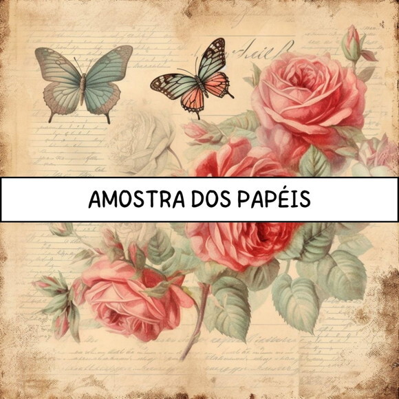 Papel Digital Vintage 74 Rosas e Borboletas - Vintage Roses