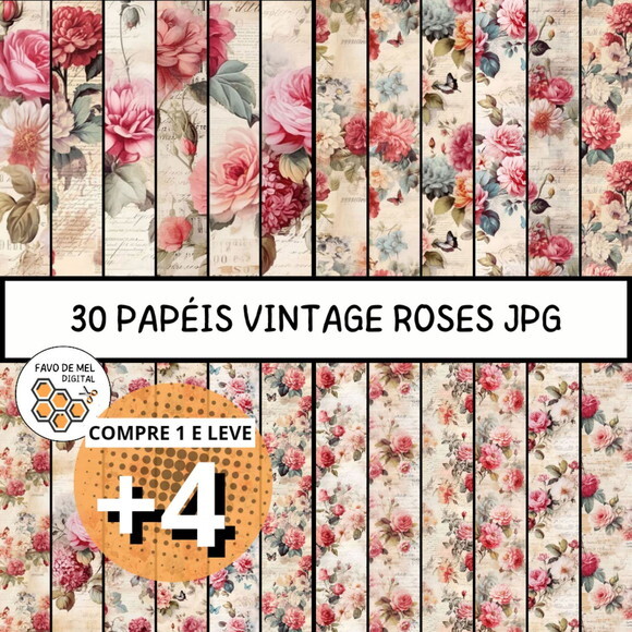 Papel Digital Vintage 76 Rosas Vermelhas - Vintage Red Roses
