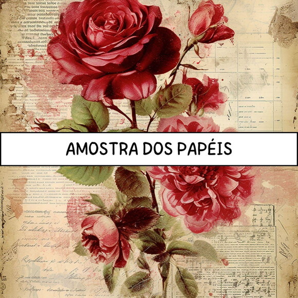 Papel Digital Vintage 89 - Roses Junk Journal Red
