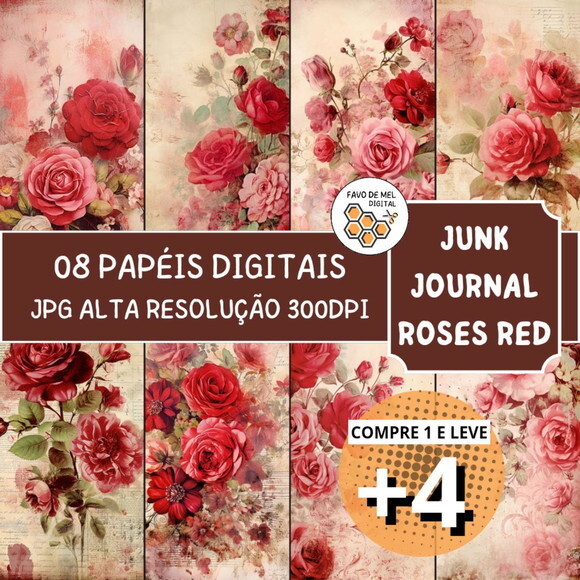 Papel Digital Vintage 89 - Roses Junk Journal Red