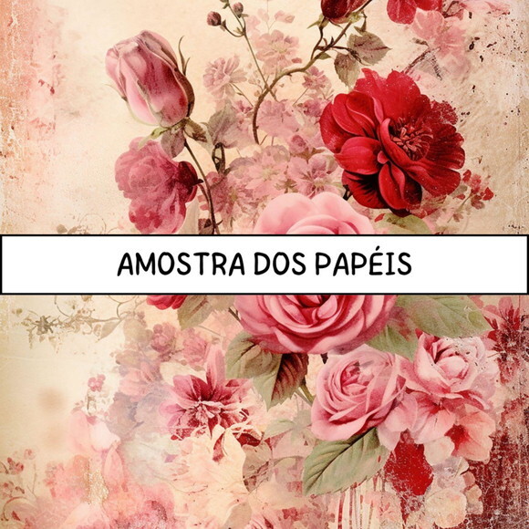 Papel Digital Vintage 89 - Roses Junk Journal Red