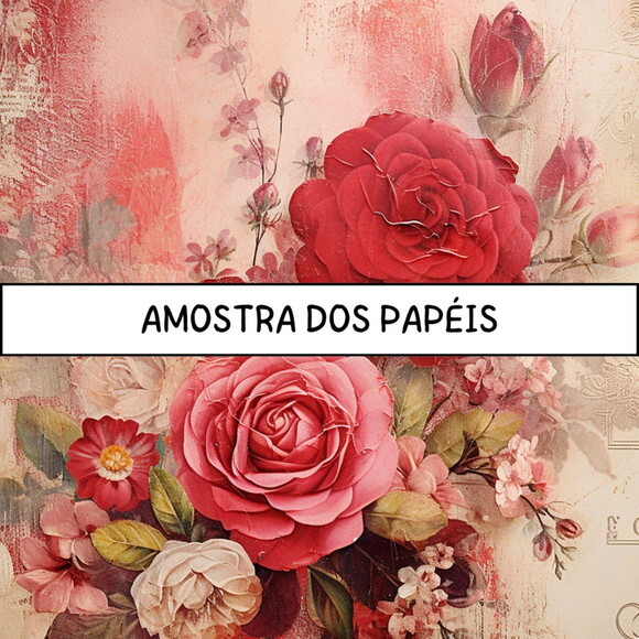Papel Digital Vintage 89 - Roses Junk Journal Red