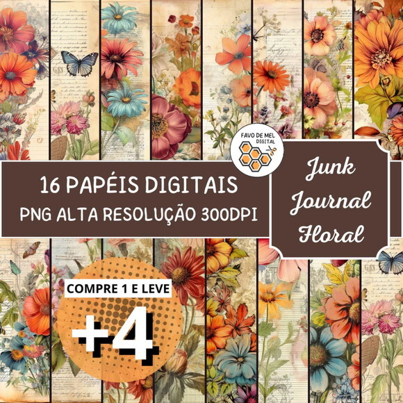 Papel Digital Vintage 92 - Papel para Junk Journal Floral