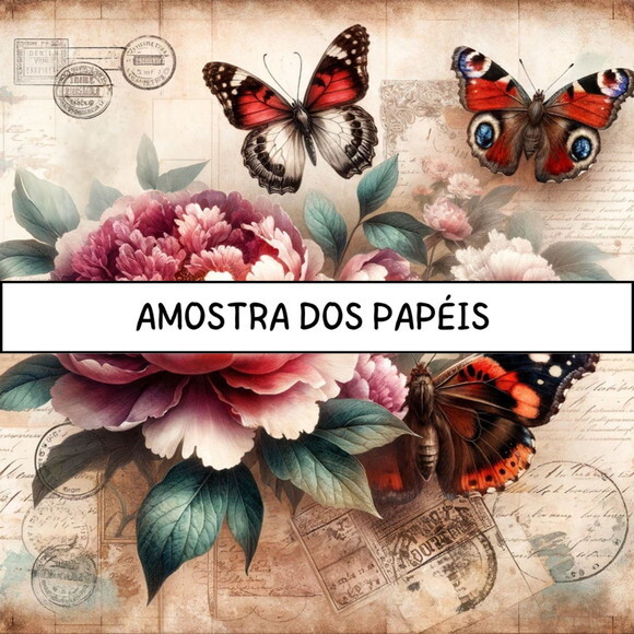 Papel Digital Vintage 94 - Vintage Peônias e Borboletas