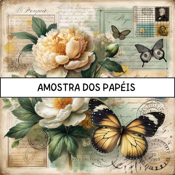 Papel Digital Vintage 94 - Vintage Peônias e Borboletas