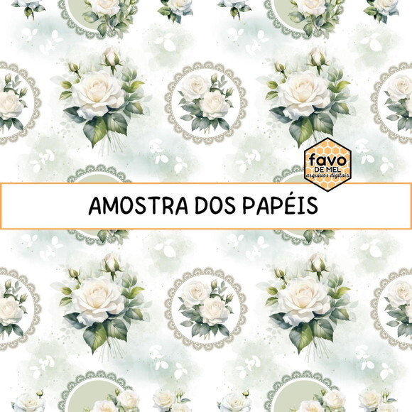 Papel Digital Vintage 97 - Scrapbook Floral Rosas Brancas