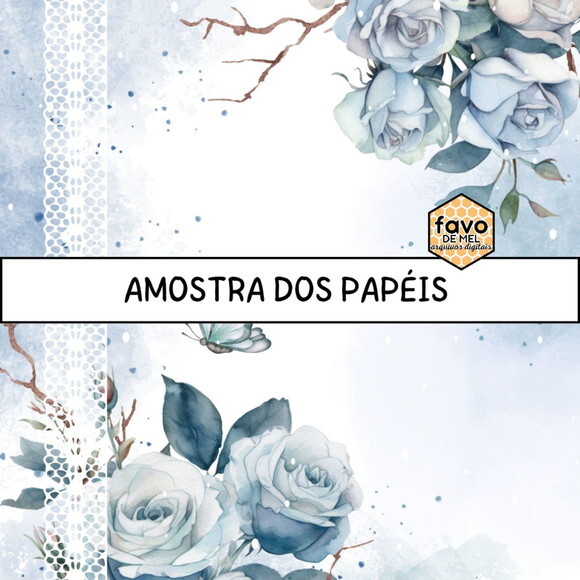 Papel Digital Vintage 96 - Dusty Blue Rosas Azuis Relógio