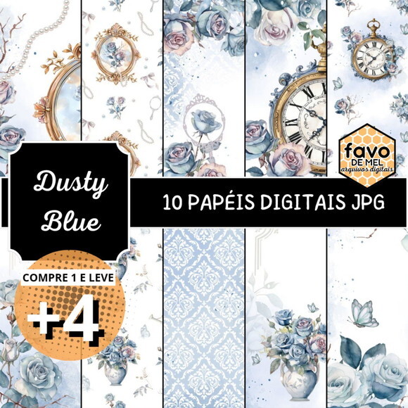 Papel Digital Vintage 96 - Dusty Blue Rosas Azuis Relógio