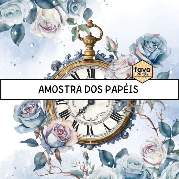 Papel Digital Vintage 96 - Dusty Blue Rosas Azuis Relógio