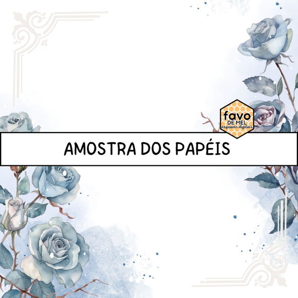 Papel Digital Vintage 96 - Dusty Blue Rosas Azuis Relógio