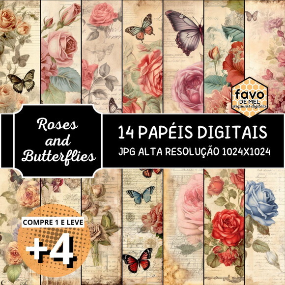 Papel Digital Vintage 98 - Roses And Butterflies