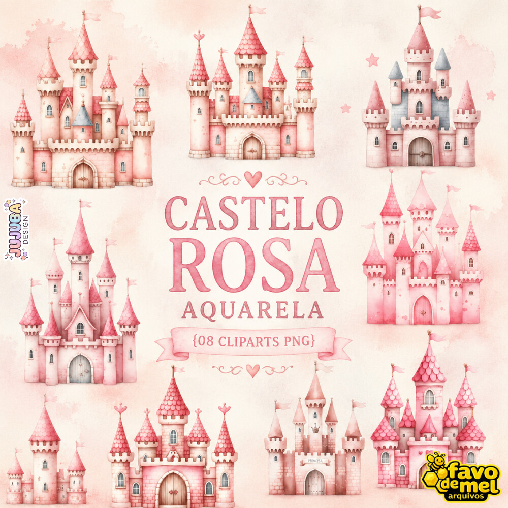 KIT DIGITAL CASTELO ROSA AQUARELA PNG #3