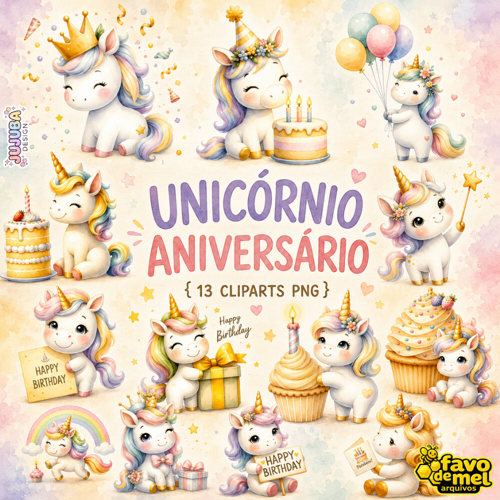 KIT DIGITAL UNICÓRNIO ANIVERSÁRIO AQUARELA PNG