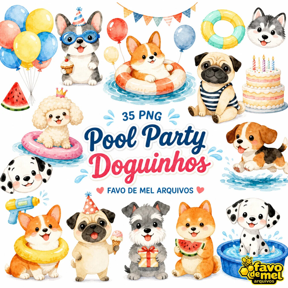 KIT DIGITAL POOL PARTY CACHORRINHOS AQUARELA PNG