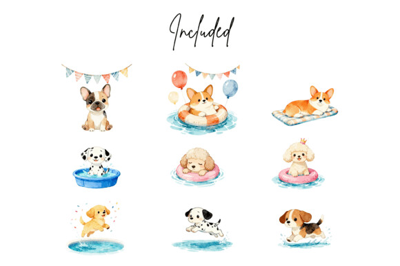 KIT DIGITAL POOL PARTY CACHORRINHOS AQUARELA PNG
