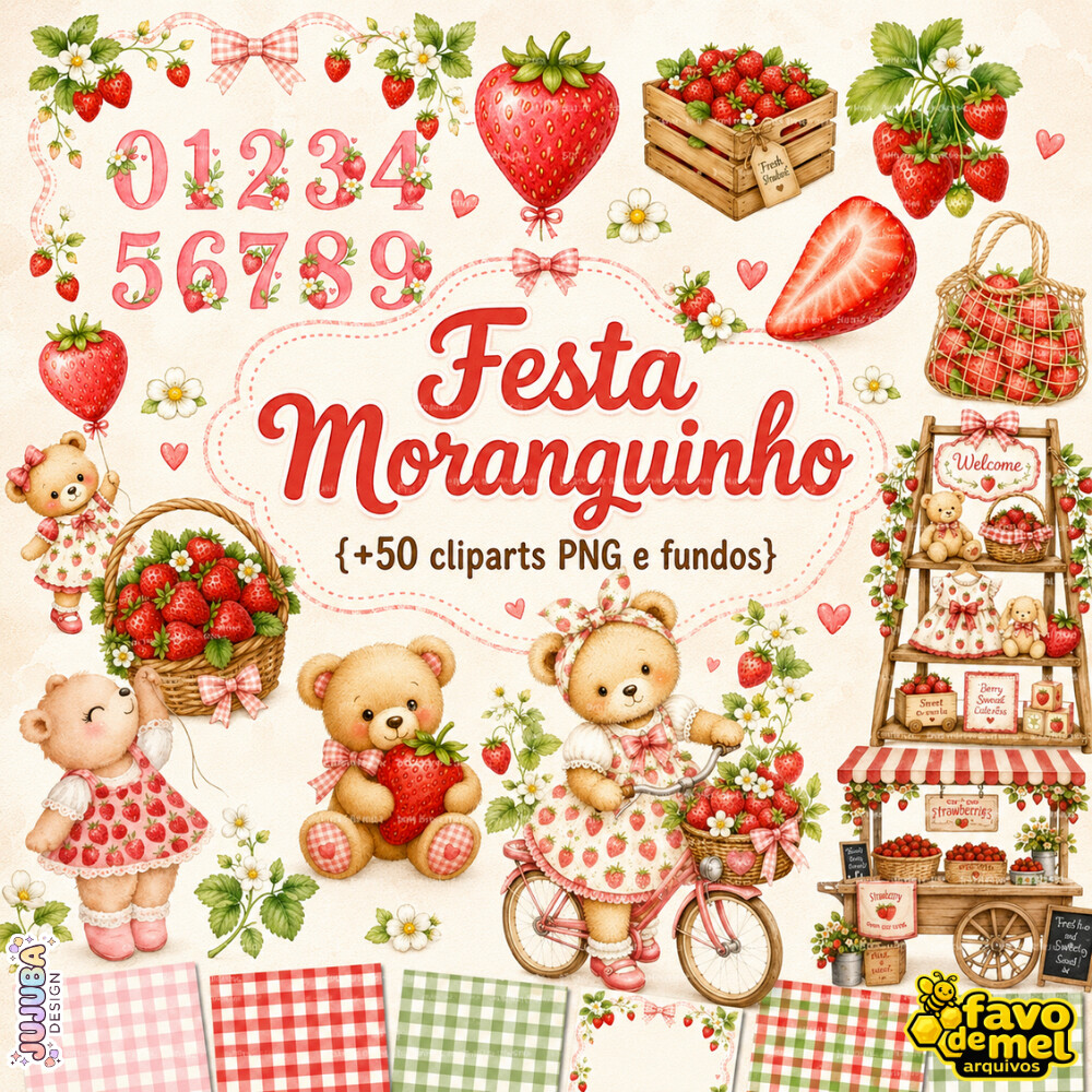 KIT DIGITAL MORANGUINHO AQUARELA URSINHO COM PAPÉIS