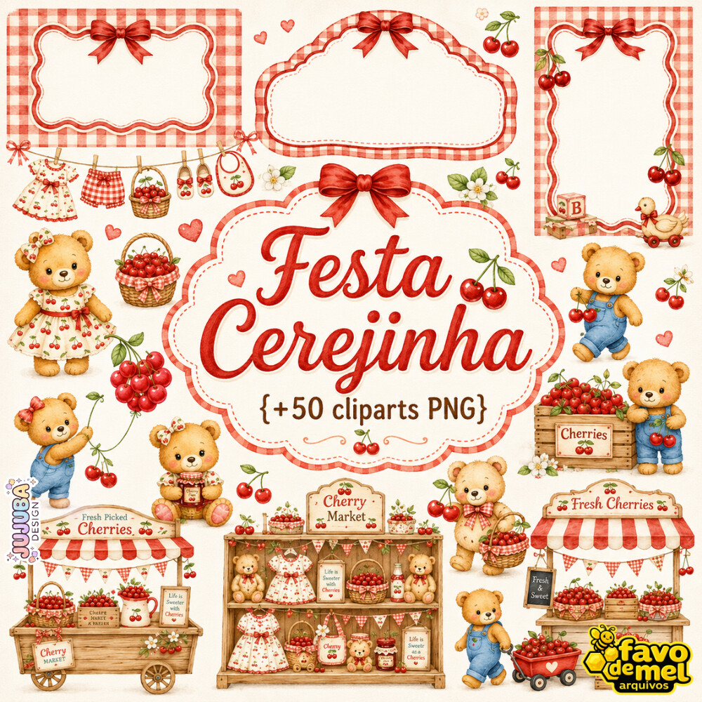 Kit Digital Festa Cerejinha Ursinho Aquarela PNG
