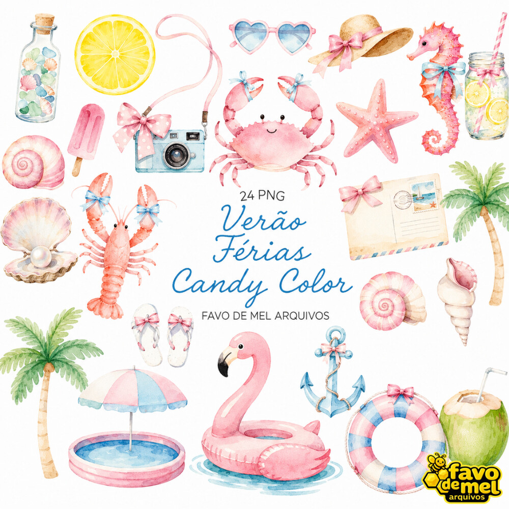 KIT DIGITAL VERÃO FÉRIAS PRAIA CANDY COLOR AQUARELA